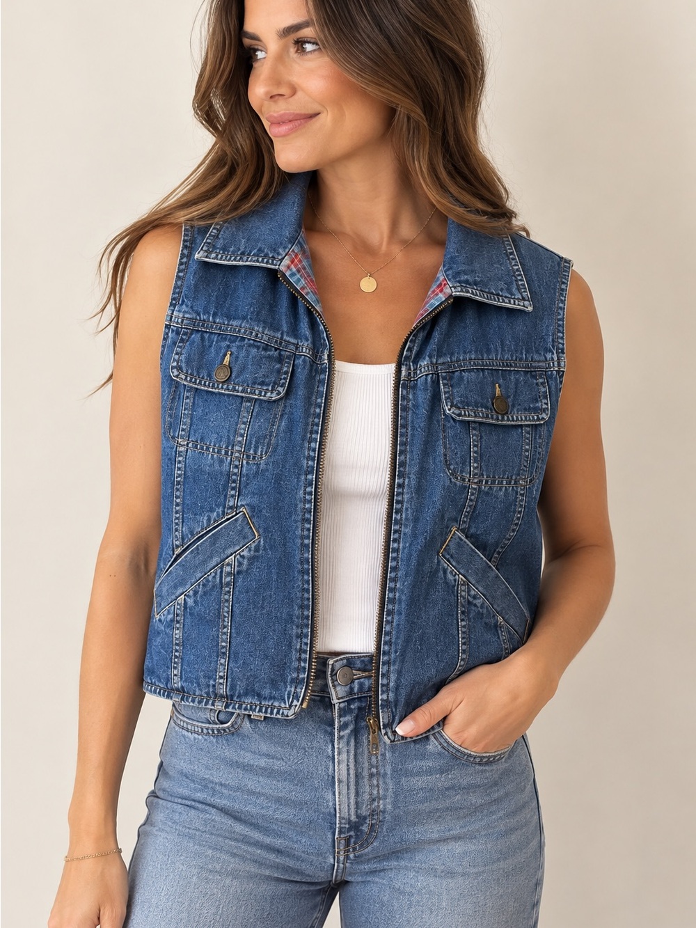 Liz Wear Vintage Reversible Zip Up Denim Vest Size Petite